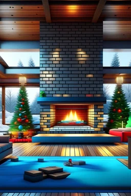 4k, christmas, snow falling outside, living room, modern house, large, fireplace, christms tree, colorful