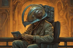 Man sitting in movie theater wearing strange headwear of metal miners helmet with a movie reel attached to side projecting a old movie onto the movie screen, surreal, by Peter Gric, by Giger, by Moebius, steampunk aesthetics, concept art, hyperreal, cool complementary colors, unreal engine 5.