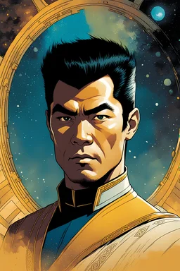 create a young Star Trek insignia Sulu, Ill met in lankhmar in the comic book art style of Mike Mignola, Bill Sienkiewicz and Jean Giraud Moebius, , highly detailed facial features, grainy, gritty textures, foreboding, dramatic otherworldly and ethereal lighting