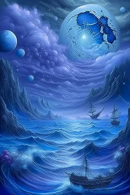 raging sea, blue-white, airy, wind, clouds of smoke, epic, fabulous landscape,3D,horror, 16k,surrealism,detailed drawing of details, transparent watercolor, clear outline, starfall, beautiful night landscape, dark fantasy, blue, white, lilac, neon, detailed, engraving, color illustration, star map, moon, stars, space