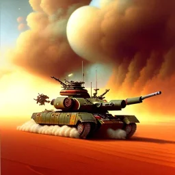 Chris Foss painting of a battle scene with an armored hovercraft-tank in the desert with stormy skies and a duststorm