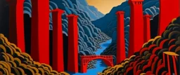 A red gorge with torii gates designed in Javanese shadow puppets painted by Rene Magritte