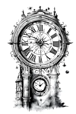 A drawing in modern realism of the astronomical clock black ink on white background