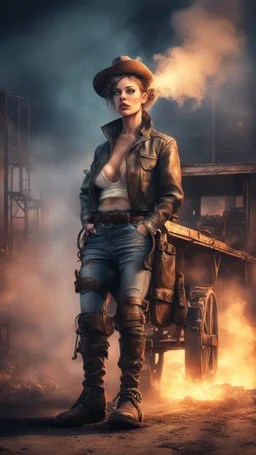 postcard portrait from cyberpunk fallout 4 tower top of cowboy midget whiff of smoke from flame thrower sexy cowboy old boots by rail road wagon, picking up body, in spotlight, magazine cover illustration with spray paint, signed, bokeh like, down-light, unreal engine, prize winning