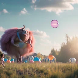 Ultra realistic circus scene. Sweet big hair monster flying. playing with Child’s, smile, happy, color bubbles, smooth color, waist up view, Wes Anderson style, a lot of people background, highly detailed, concept art, unreal engine 5, god rays, ray tracing, RTX, lumen lighting, ultra detail, volumetric lighting, 3d, finely drawn, high definition, high resolution.