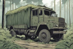 Military truck on a road, forest, overgrown apocalyptic, comic book,
