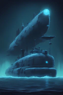 An 8 bit style ghost Seawolf class submarine and a spooky blue glow