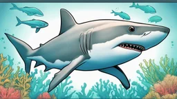 comic style, realistic coloring, underwater, coral reef, shark