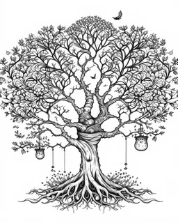 realistic tree of life tattoo idea, line art, background, vector, svg, black outline on white background, leave plenty of white space beetween lines for coloring, tattoo style, tattoo idea,full body, minimalist