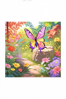 a striking, purple butterfly on a rock in a colorful garden background , child book illustration style, butterfly must be the same as reference image