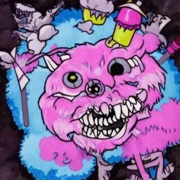 cotton candy werewolf with candies and lollipops, sharp teeth, evil