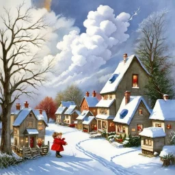 Picture a whimsical snowy village, touched by the artistic styles of Kate Greenaway, Nicoletta Ceccoli, and Debbie Criswell, as each cottage placement and pipe smoke curl is rendered in impressive 16K resolution watercolor, the hues so delicate they echo the soft palette of a Howard Chandler Christy masterpiece, the magical clouds above adding an enchanting aura delicately rendered in sweeping strokes of color, ultra-clear.