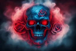 2D image of abstract red skull symbol tattoo with rose element, blue and red tone light, motions fog smoke on dark cinematic background