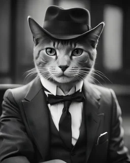 Retro black and white photograph, vintage style, featuring a suave cat wearing a tailored suit and fedora hat, inspired by 1930s gangster fashion. Shot on film with grainy texture and sepia tones, captured by photographer Elliot Erwitt or Henri Cartier-Bresson.