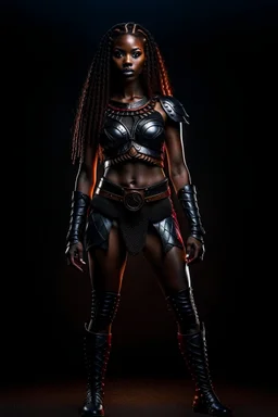 Fit slim warrior woman with abs and freckles and long hair and dark skin, wearing plate armor, full body, fantasy background