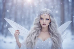 very beautiful fairy women with long hair, little smile, with cosmic silver metallic suite and brightly earings. in the background there is a bautiful little magic forest with snow and sky with stars and light beam