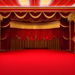 theater stage with red curtain, medium range, acrobats, vaudeville, ethereal, soft lighting