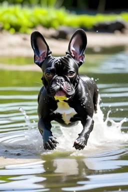 a frenchton playing in water