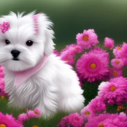 chiot bichon maltais blanc dans un champ de fleurs roses avec des lapins blancs