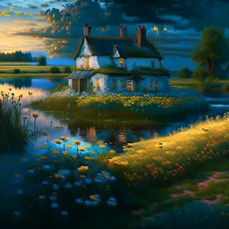 cottage , in the fields, Lake, airbrush, flowers by Van Gogh Modifiers: extremely detailed fantasy 8k oil on canvas very attractive dynamic lighting Unreal Engine cinematic postprocessing Van Gogh Thomas Kinkade glowing Craig Rutkowski