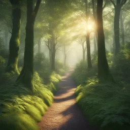 Stunning cinematic 3D rendering of forest at dawn, revealing a captivating blend of enchantment and mystery. Forest path lined with dense green leafed trees. The morning sun casts its soft glow over the scene, illuminating the path. The intricate textures and lighting give the image a sense of depth and realism, drawing the viewer into the magical world and creating an immersive experience