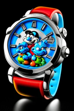 ""Imagine a Smurf Watch designed for the fashion-forward Smurfs, incorporating vibrant colors and intricate details, with each Smurf character depicted in a unique pose on the watch face."