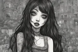 create a full body horror illustration of a dark haired, savage, gothpunk vampire girl with highly detailed , sharply defined feminine facial features, in a chaotic, turbulent, otherworldly London in the manga style of Junji Ito, precisely drawn, inked, with dramatic edges,