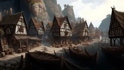 gothic medieval village at foot of cliffs, wooden harbour, shops, inn, taverns, houses, people, trees