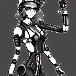 winnner illustrator, sketch of a cute girl and a robot, beautiful, steampunk syle, black and white. Helmet with tubes, square glasses and wires. highlt detailed. very complex.