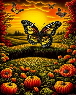 Autumn Garden with butterfly and dew drops at sunset, T-shirt Art, Black background, Art by John Wilhelm, Robert Williams, Todd Schorr, Alex Alemany