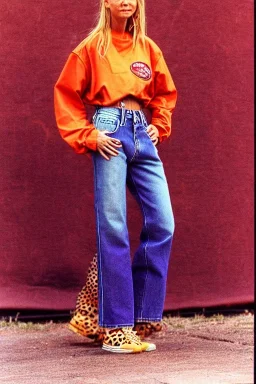 year 1996 denim fashion. Loose fit, low waist, baggy. Colors: denim blue, blue, purple, khaki, light green, lilac, plum, orange, terracotta, red, pink, dark blue, beige. Women models. Patterns: cheetah, balls, stripes.Jennifer Lopez, Gwyneth Paltrow, . Big tennis shoes on. Cargo pants. leg warmer