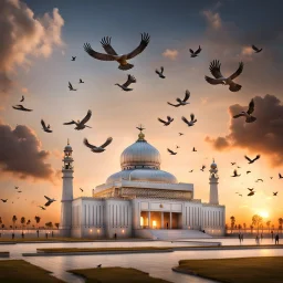 Hyper Realistic Kartarpur Sikh Shrine with Cloudy Sunset & Birds Flying Showing dramatic & cinematic ambiance