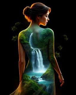 Digital art | Woman with a landscape painted on her back | Deep black background | Full-body portrait, graceful pose | Ethereal, glowing lighting | cascading waterfall; lush greenery; dreamlike harmon