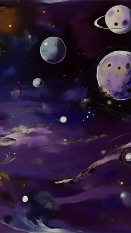 A dark purple galaxy with planets and asteroids painted by Pablo Picasso