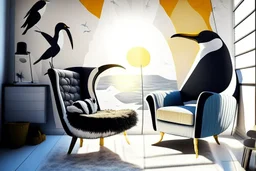 human feet decorated wallpaper in the background and a penguin shaped and penguin coloured (black and white) armchair in a modern room in sunshine