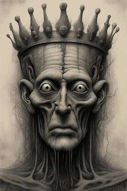 The face of an old men king with a crown, a thin line draw ، front view camera, decayed and rotting with grotesque proportions and imagery. surreal horror, biomechanical design, by hr giger and beksinski , fine lines draw