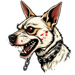 left facing head of angry Terrier dog with blood shot eyes and bloodied teeth, a ball chain collar around neck, a chain leash attached to collar, vector