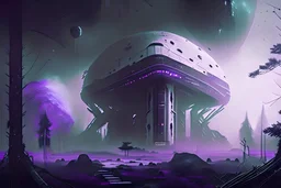 Large Futuristic Building, White Building, Alien Planet, Corrupted Forest, Dense Purple Fog, Dead Soil, Black Night Sky, Stars, Space, Distant Planets