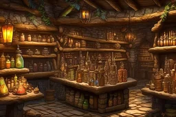 inside of a medieval shop, wooden walls, log pillars, stone bar with shop keeper behind it, magical ingredients on display and weapons on display. people, elves, goblins, orcs, dwarves and lizard folk in room. low lighting and creatures in containers. shelves half empty