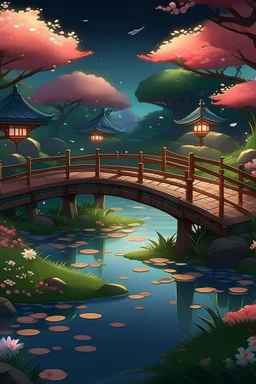 Generate a Japanese-inspired AI art piece. Envision a serene garden with a traditional wooden bridge crossing over a koi pond. Incorporate cherry blossom trees in full bloom, delicate lanterns, and a sense of tranquility. Capture the beauty of Japanese aesthetics and nature in your artwork.