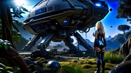 Wide-angle, full body of a woman, with straight blond hair, dressed like a robot, with equipment in her hands, next to a crashed spaceship, on an alien jungle world in the multiverse