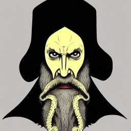 Nosferatu with white skin and a beard made of tentacles as a Russian Orthodox vampire with yellow eyes and vampire fangs