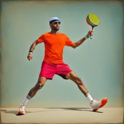 the tennis player juggles his racket: colorful and humorous, quirky avant garde [in oger dean's style] futuristic, neo-dada