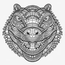 Alligator, front view, mandala, minimal lines, cartoon, white back ground color, real style, realistic, minimalistic, minimal black line art, line art, crisp line art, unique coloring sheet, outlined, outline, crisp, crisp line edges, illustration, thin lines, crisp clear lines, line art, clean line art, unique, 8k, amazing, masterpiece, no colors, no dark color, no black color, avoid thick black, minimalistic line edges, pure white back ground, image character full fit to page,