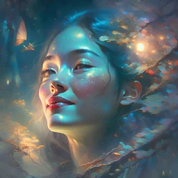 head of chinese hobbit, seductive, smiling, joyful, perfect eyes, soft light, fireflies, moon, night, mountains, trees, fantasy, woolitize, 85mm, RTX, Stanley Artgerm Lau, Salvador Dali, Agnes Cecile