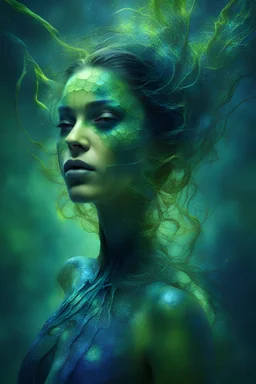 spider woman the silence of the depths of the subconscious, rich blue swamp, bright green water intertwining in tropical fractals, surrealism, sharpness, splash effect, Sea, extremely smooth, fluid, 3d fractals, light particles, dreamy, alcohol ink, smooth, shimmering, dreamy glow, conceptual art by alberto seveso, anna dittmann, arthur rackham, Juan Miro, 16k, oil painting, heavy strokes, paint dripping, oil painting, heavy strokes, paint dripping, dramatic lighting, artictic, intricated, golde
