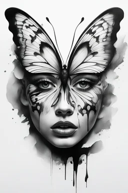 A realistic drawing in negative space black ink on white background of a beautiful butterfly with abstract brushstrokes face tattoos to enhance her face max enrist