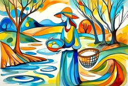watercolor ženska gre po vodo k reki s posodo abstraktna umetnost v stilu picasso