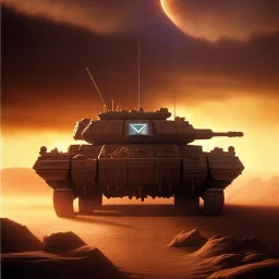 volumetric dramatic desert Battle scene with futuristic hovering military armored Hovercraft tank painted by chris foss, Laser turret, floating, 4k, 8k, Minutiae, highly detailed, rivets, hovering, stripes, sunset [duststorm, nimbus clouds]