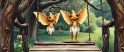 transcendent sacred geometry embroidered patterns, two totally symmetric fluffy angel ant gremlin slug nice cheerleader singing on old wooden carved bridge between trees in garden , full body portrait T-pose strong aura, oil painting and air brush, in swing